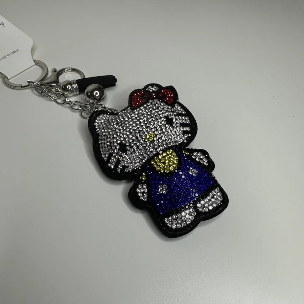 NWT Rhinestone Hello Kitty Keychain Bag Charm Black Vegan Suede